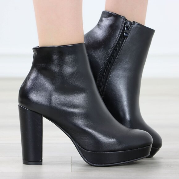 Womens Chunky Platform High Heeled Bootie Zip Up Black Ankle Boots Block Heel - Picture 1 of 15